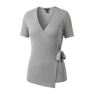 Select + Trend Womens 2X Grey Ribbed Knit Short Sleeve Side Tie Wrap Top Blouse